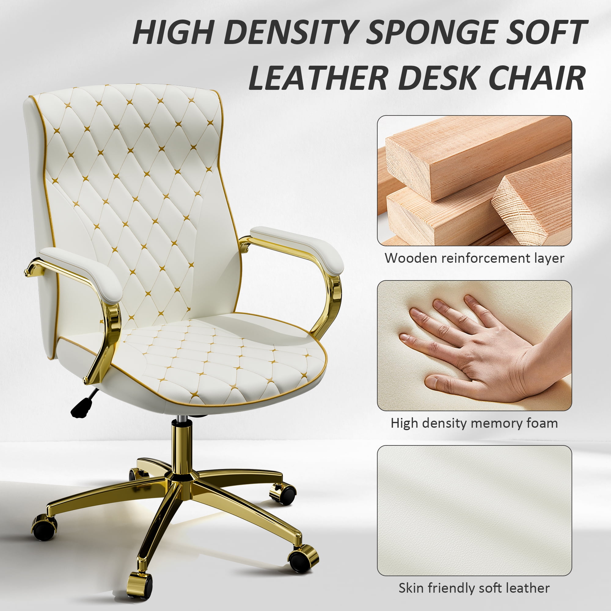 Ninecer Swivel PU Leather Office Chair, Ergonomic High Back Desk Chair with Padded Armrests, Computer Desk Chair with Gold Metal Frame, White