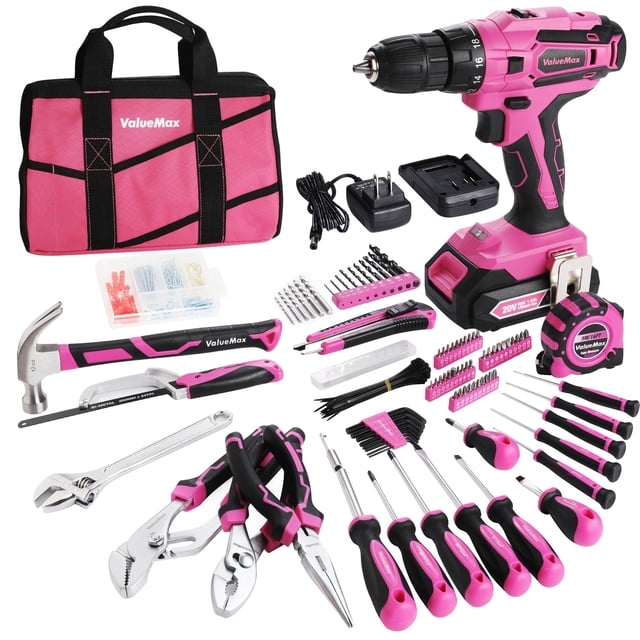 Juego de herramientas ValueMax Home de 237 piezas con taladro inalámbrico de 20 V, color rosa