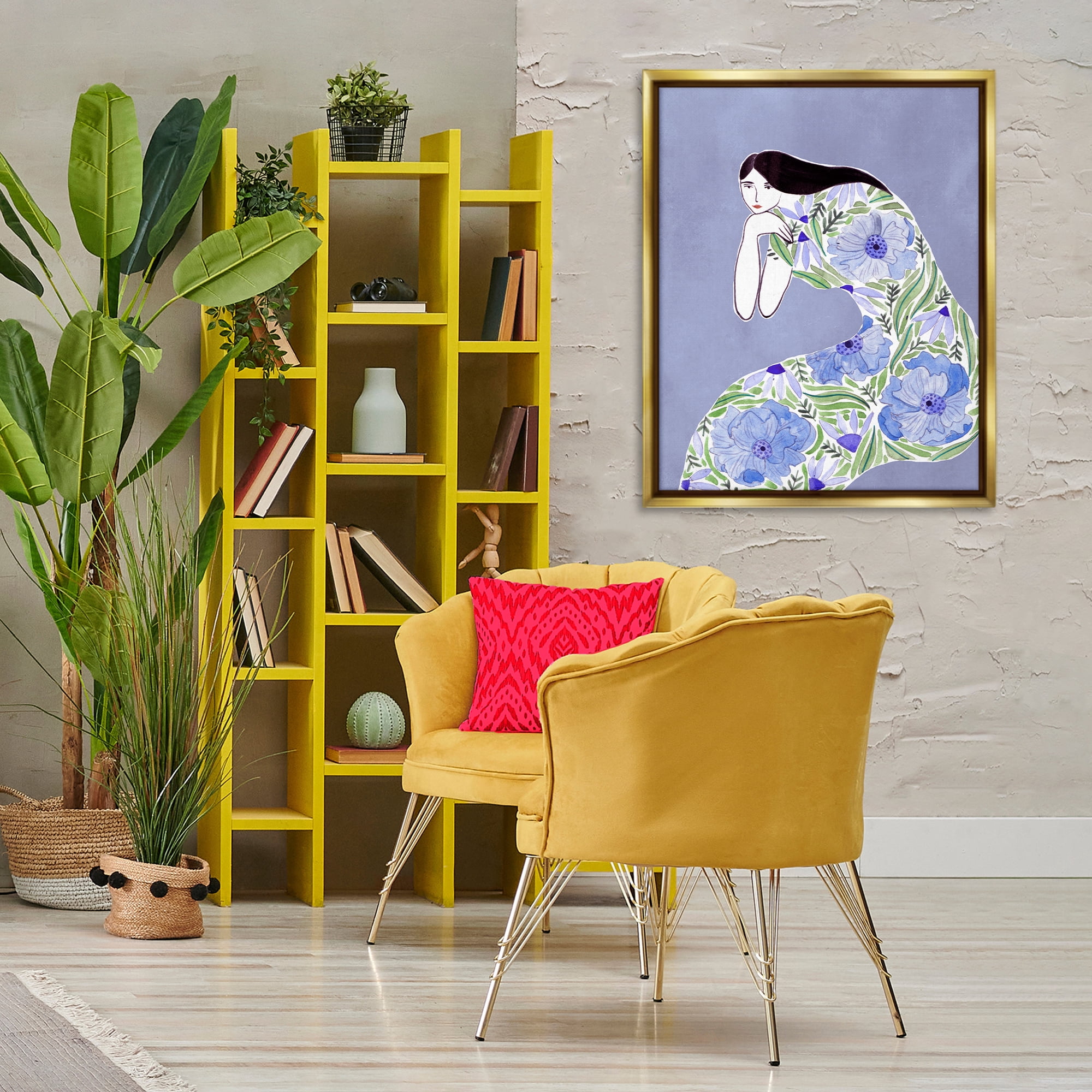 Stupell Industries Blue Floral Dress People Painting Gold Floater Framed Canvas Art Print Wall Art, 25 x 31