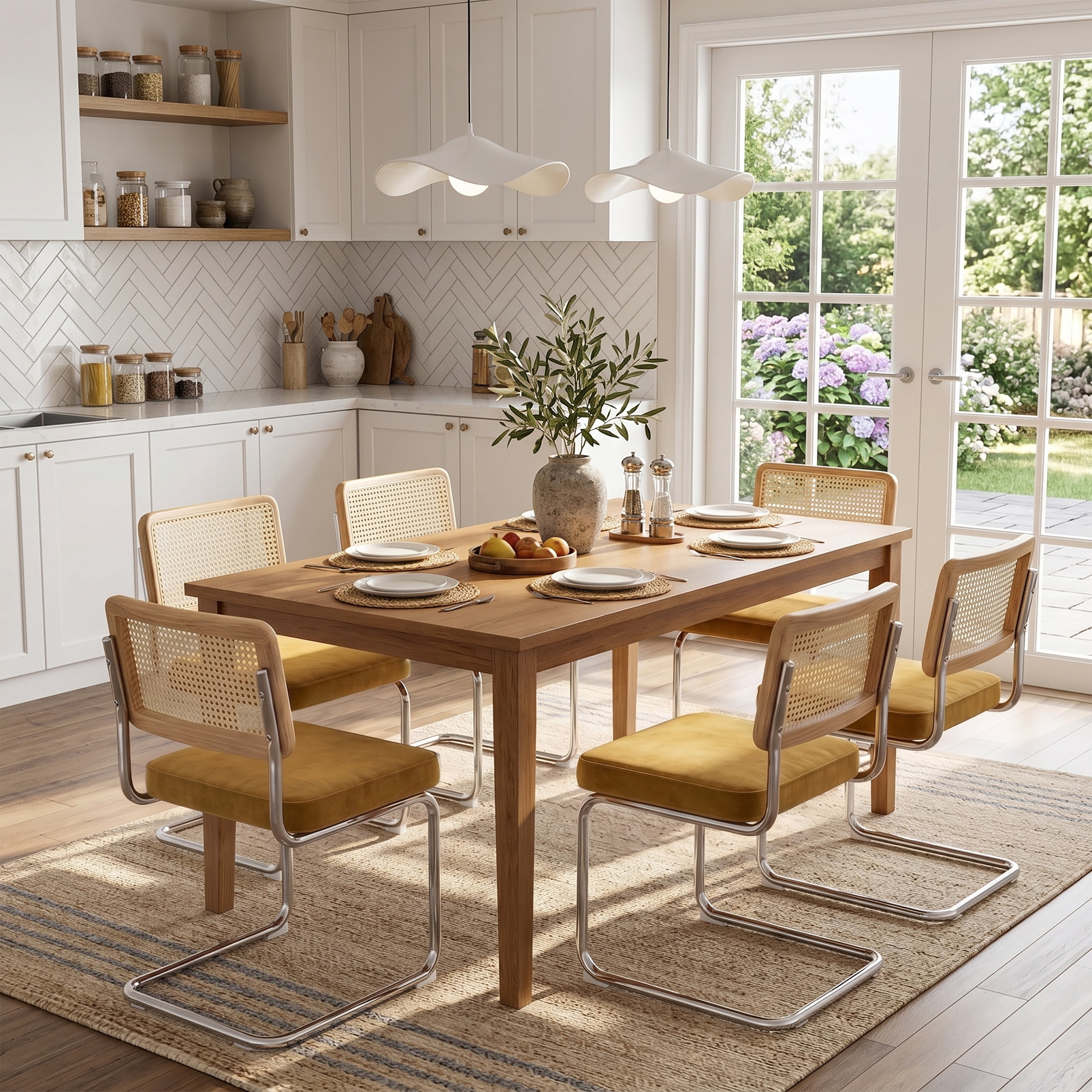 Zesthouse Rattan Dining Chairs Set of 2, Velvet Upholstered Dining Chairs with Cane Back and Chrome Legs, Mid Century Modern Kitchen Side Chairs for Dining Living Room, Yellow