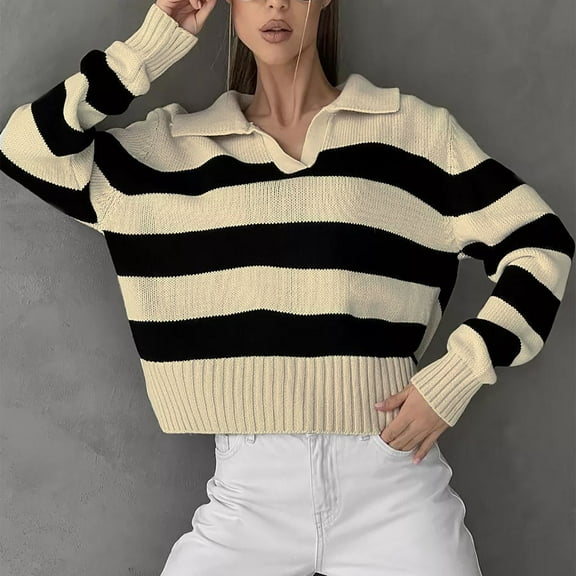 Women's Striped Sweaters Contrast Knitted Loose V-Neck Casual Long Sleeve