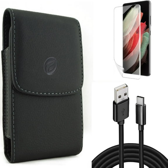 Matte Screen Protector & Case Belt Clip & 10ft USB Cable for Samsung Galaxy S22 Plus (S22 ) - Combo TPU Film Anti-Glare & Leather Holster Cover & Type-C Charger Cord Power