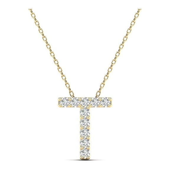 0.10 Carat Natural White Diamond Initial "T" Pendant Necklace For Women In 14K Yellow and White Gold with 18" Gold Cable Chain|Silver Chain
