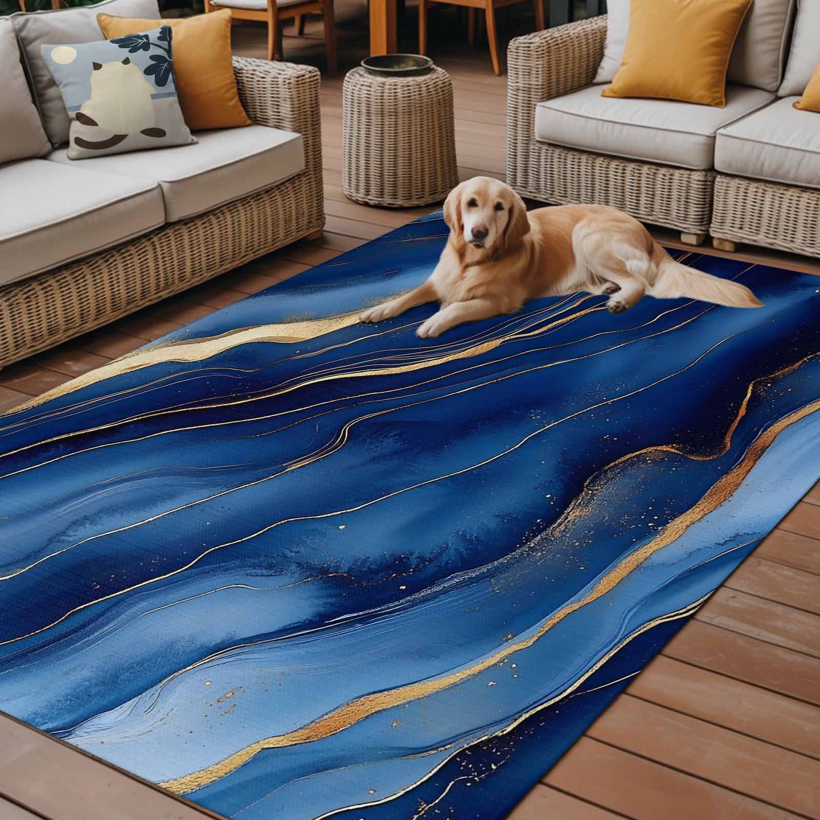 Outdoor Rug 5x8ft Ombre Blue Marble Large Area Rug Abstract Art Indoor Outdoor Carpet Outdoor Rugs Mats for Patio Camping,RV,Front Door, Outside Decor