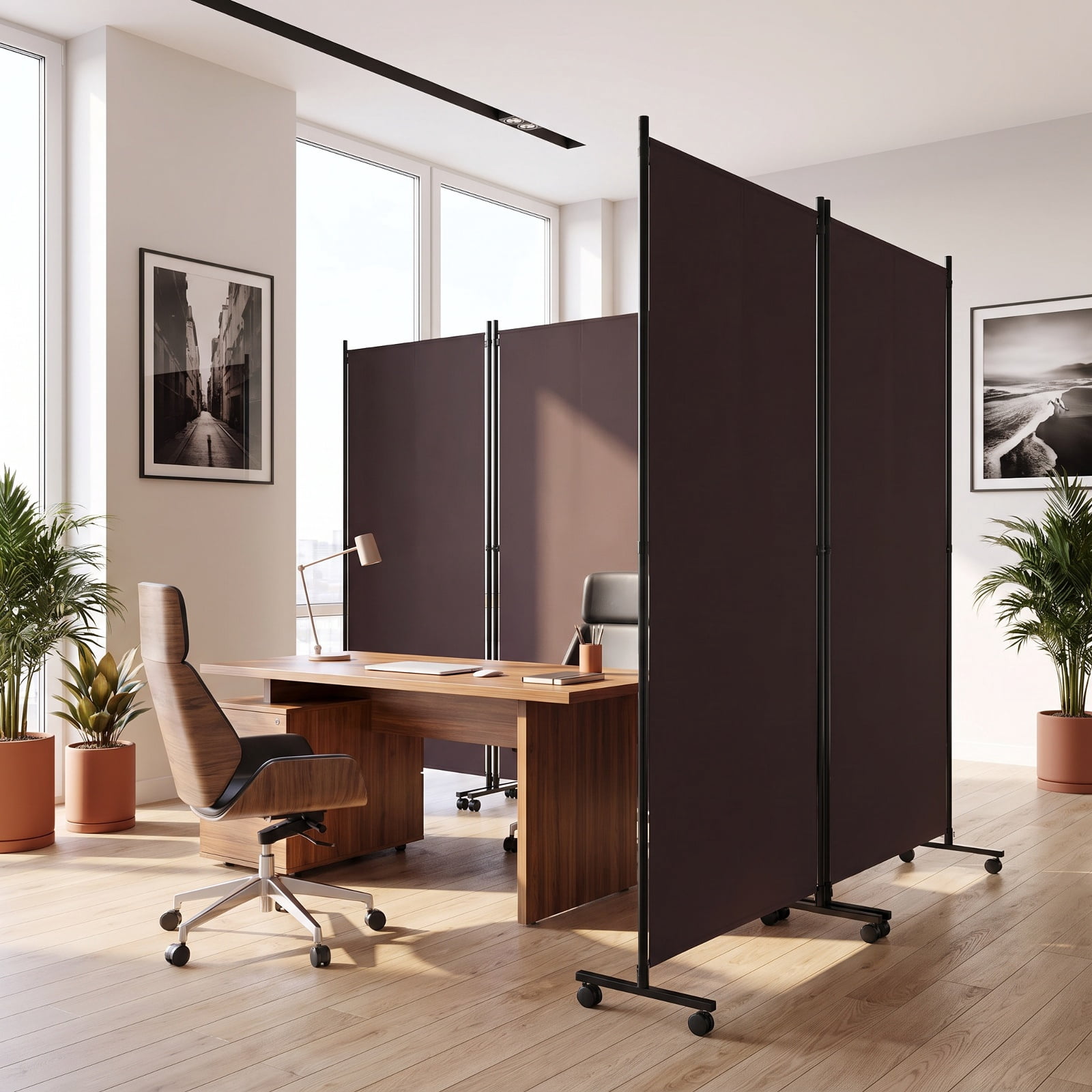 Vebreda 6-Panel Rolling Room Divider Folding Privacy Screen with Lockable Wheels, Freestanding Fabric Partition for Bedroom Office Studio, Coffee