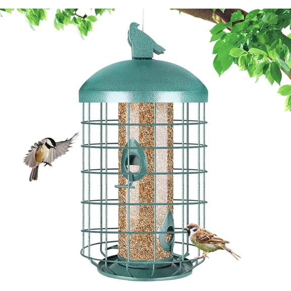 Caged Bird Feeder for Outside, Large Squirrel Proof Metal Bird Feeders 3 Lbs, Wild Bird Feeder Hanging Outdoors Tube Feeders with 4-Ports, Waterproof (Green)
