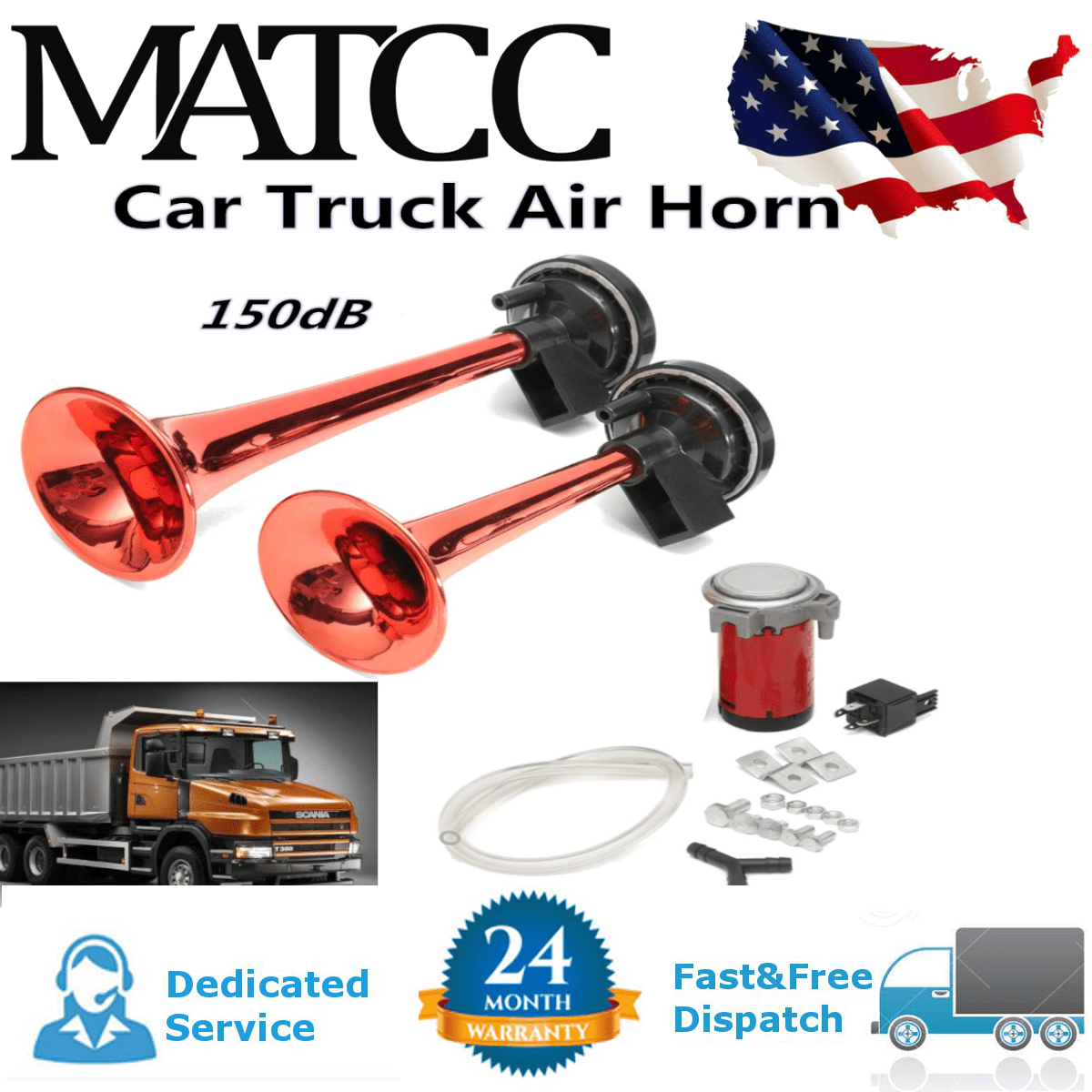 12V Dual Air Horn Kit Trumpet Compressor Kit Train Car Truck Boat RV