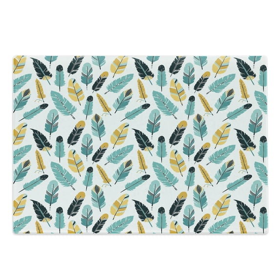 Feather Cutting Board, Hand Drawn Retro Motifs Doodle Composition, Decorative Tempered Glass Cutting and Serving Board, Large Size, Dark Blue Mustard, by Ambesonne