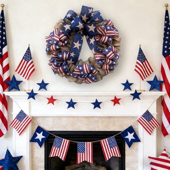AZXY 11.81 Inch Patriotic Burlap Wreath, Natural Burlap with American Flag Star & Stripe Ribbon Bows, Rustic Americana Decor