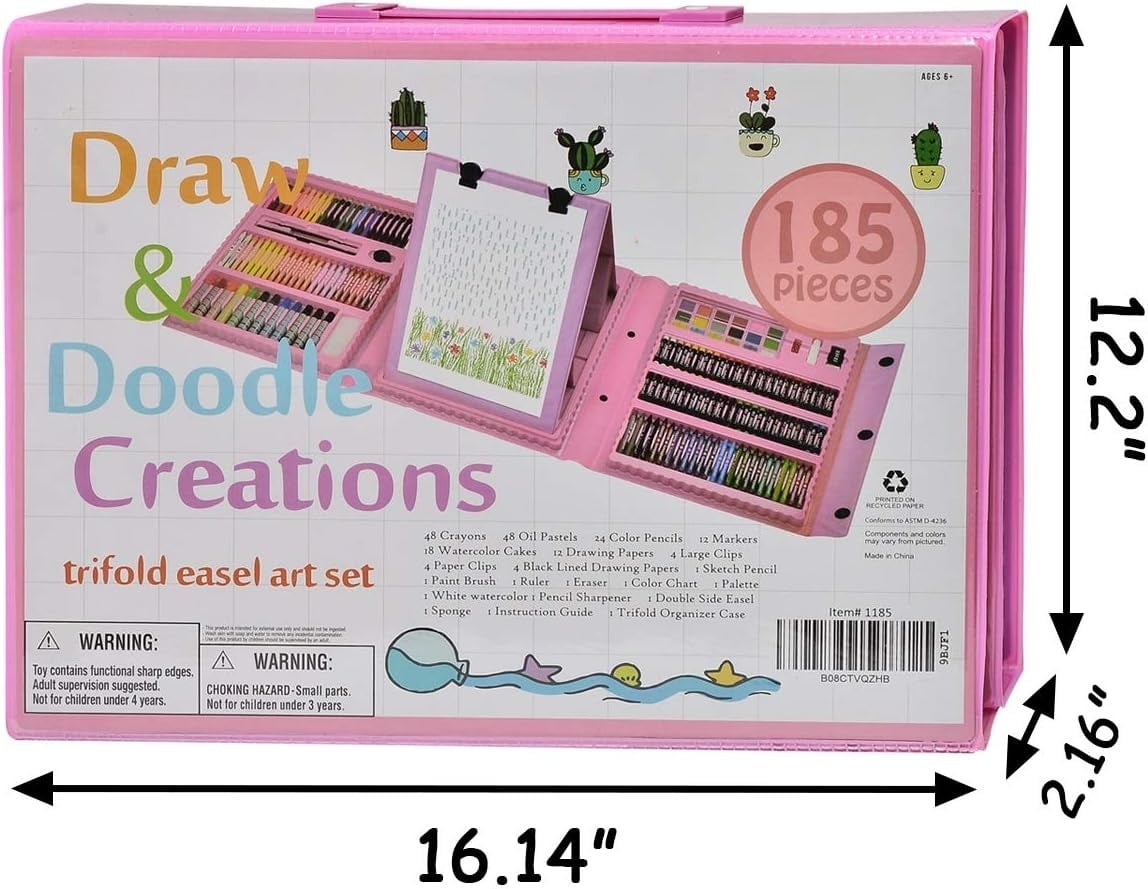 185-Piece Double Sided Easel Art Set - Complete Drawing Kit with Oil Pastels, Crayons, Colored Pencils, Markers & Sketch Pad