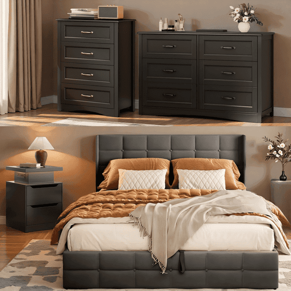 Bedroom Set - Includes Lift Up Storage Full Size Bed Frame (Dark Gray), Nightstand with Charging Station, 4-Drawer Dresser & Double Wide 6-Drawer Dresser - Modern Storage Solution for Stylish Home