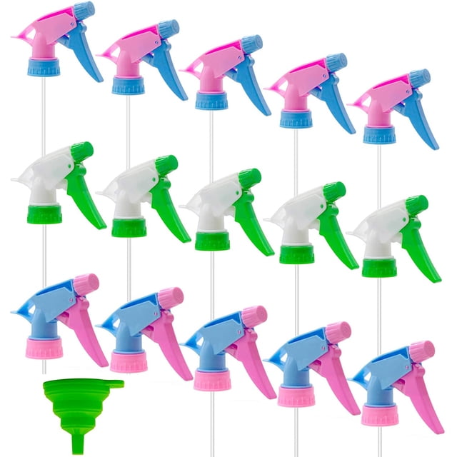 15Pcs Trigger Sprayer Replacement Nozzle Replacement Stream Mist Bottle Nozzle Spray Bottle Nozzle Top Replacement and 1Pcs Funnel for Cleaning Home Office, Fit Standard 28/400 Neck Bottles