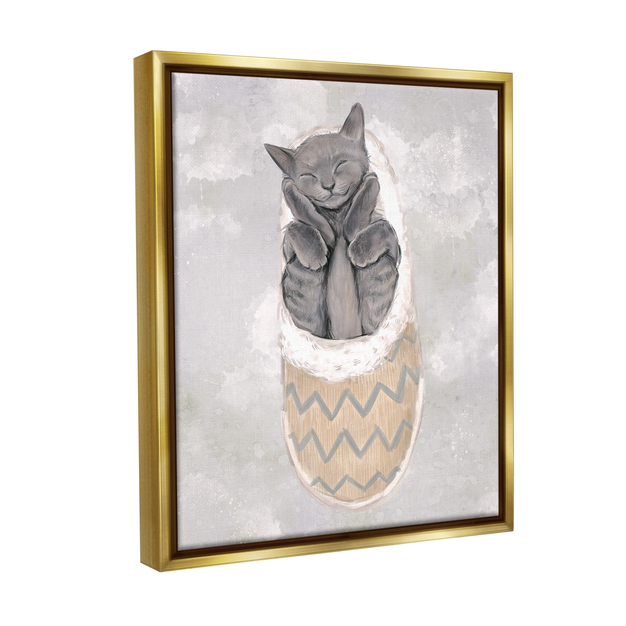 Stupell Industries Grey Kitten Sleeping Animals & Insects Painting Gold Floater Framed Canvas Art Print Wall Art, 17 x 21