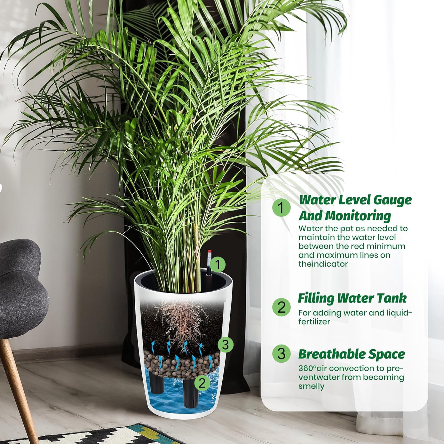 Memoryfield 16" Self-Watering Planter Set of 4 with Drainage & Water Level Indicator, Indoor Outdoor Plant Pots for Patio, Garden, Balcony, White