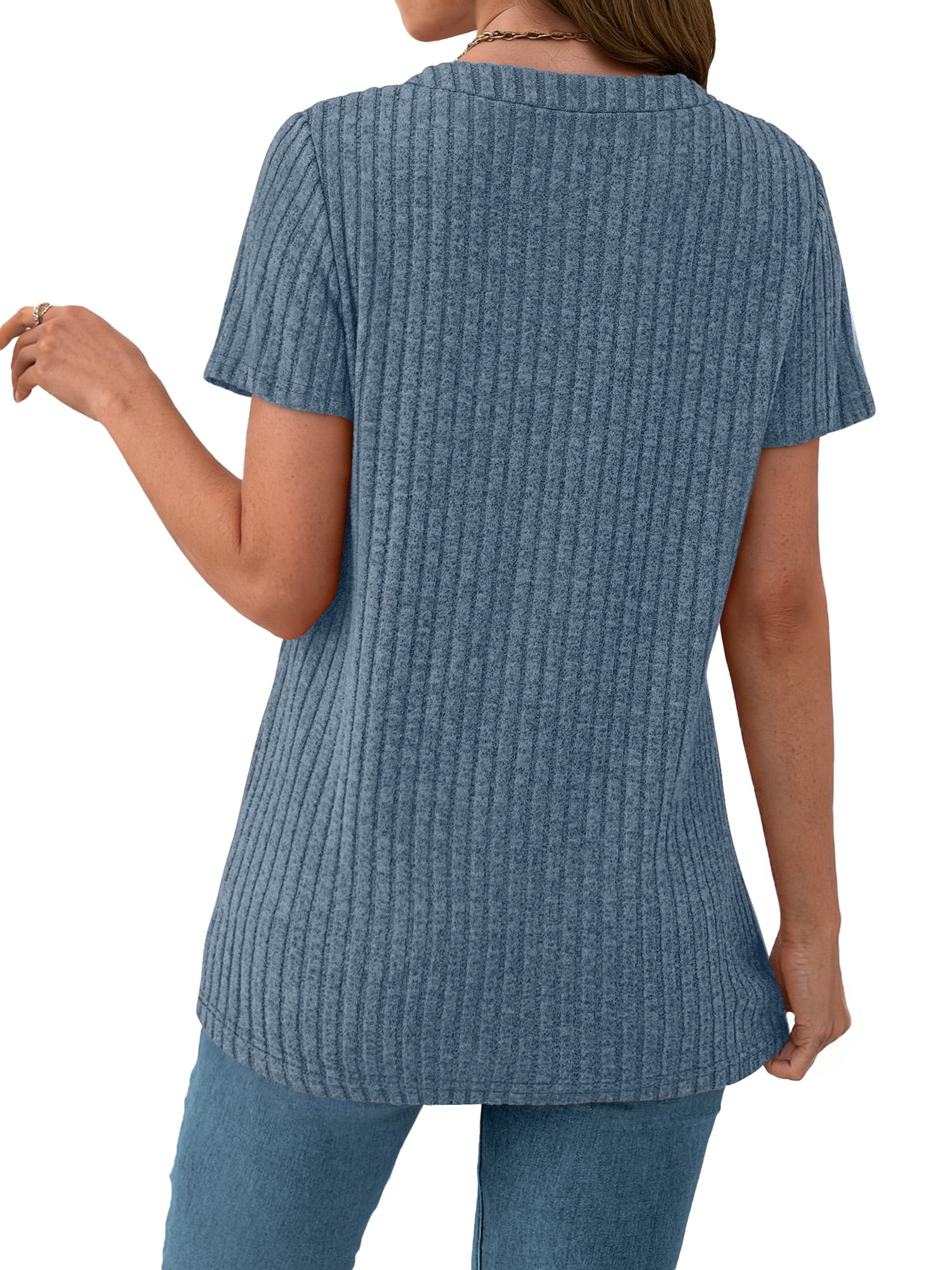 Fantaslook V Neck Tops for Women Short Sleeve Henry Shirts with Button Dressy Casual Summer Blouses Tops