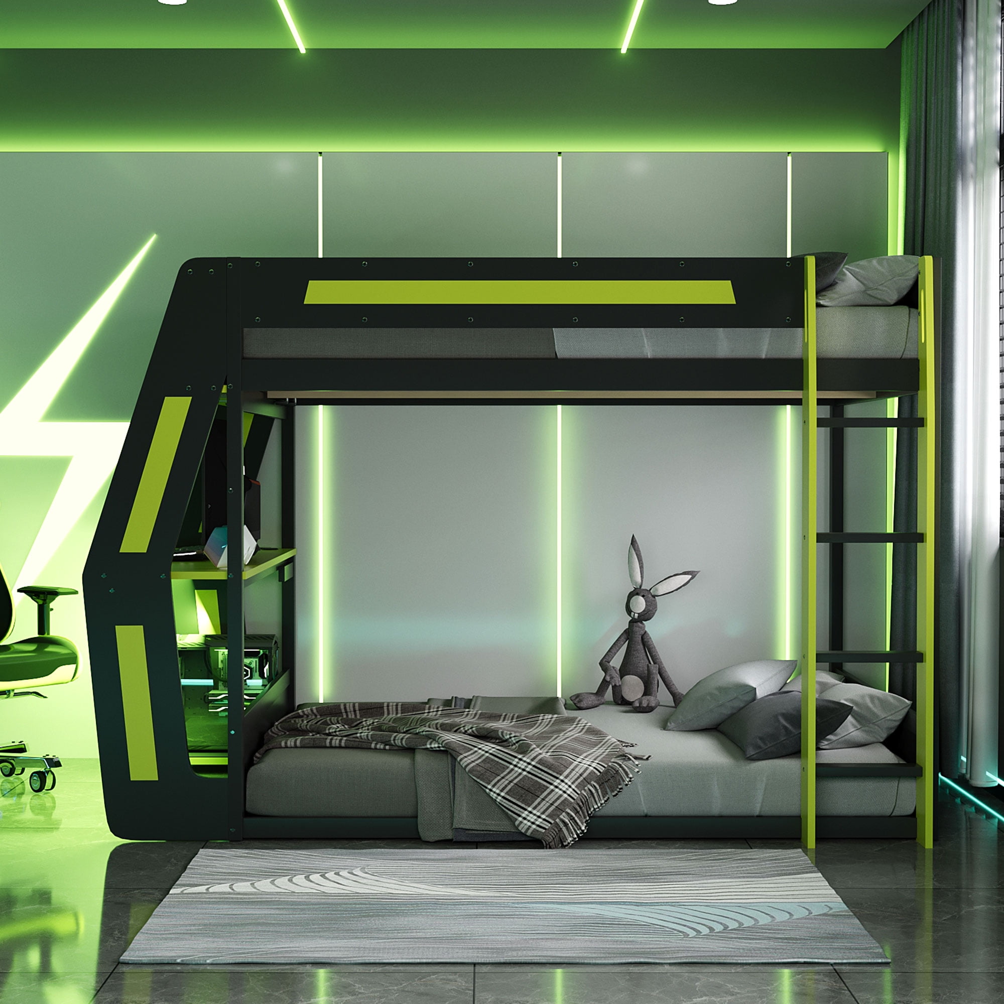 Aukfa Full Over Full Gaming Bunk Bed with Desk, USB Charging Station & LED Lights, Heavy-Duty Wood Esports Loft Bed Frame, Green