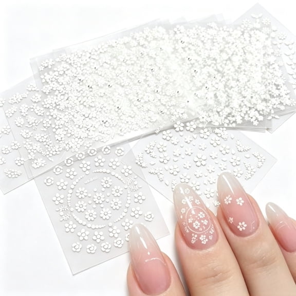 Flower Nail Stickers White Floral with Rhinestones Art Decals 3D Self Adhesive 30 Sheets