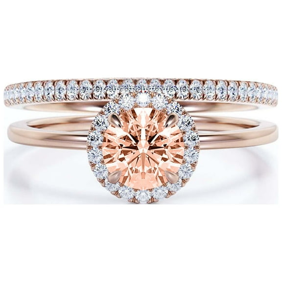Fairy Minimalist 1.75 Carat Round Cut Morganite And Diamond Moissanite Engagement Ring, Classic Halo Wedding Ring in 925 Sterling Silver With 18k Rose Gold Plating Gift For Her, One Matching Band