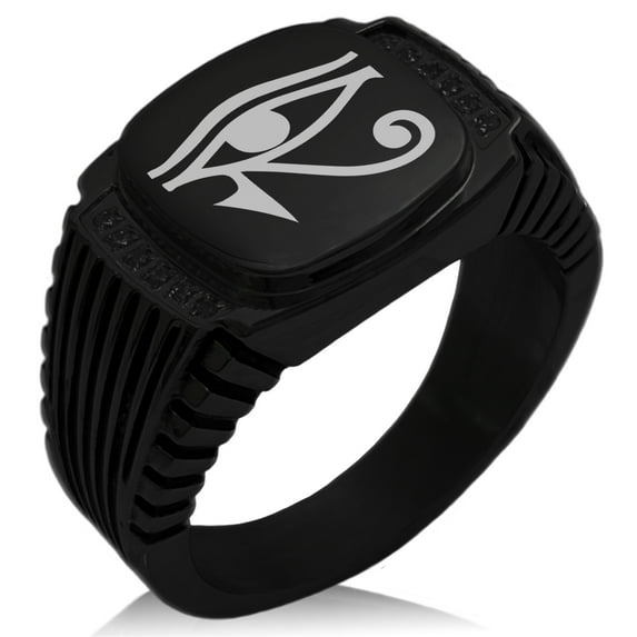 Stainless Steel Egyptian Eye of Horus CZ Ribbed Needle Stripe Pattern Biker Style Polished Ring