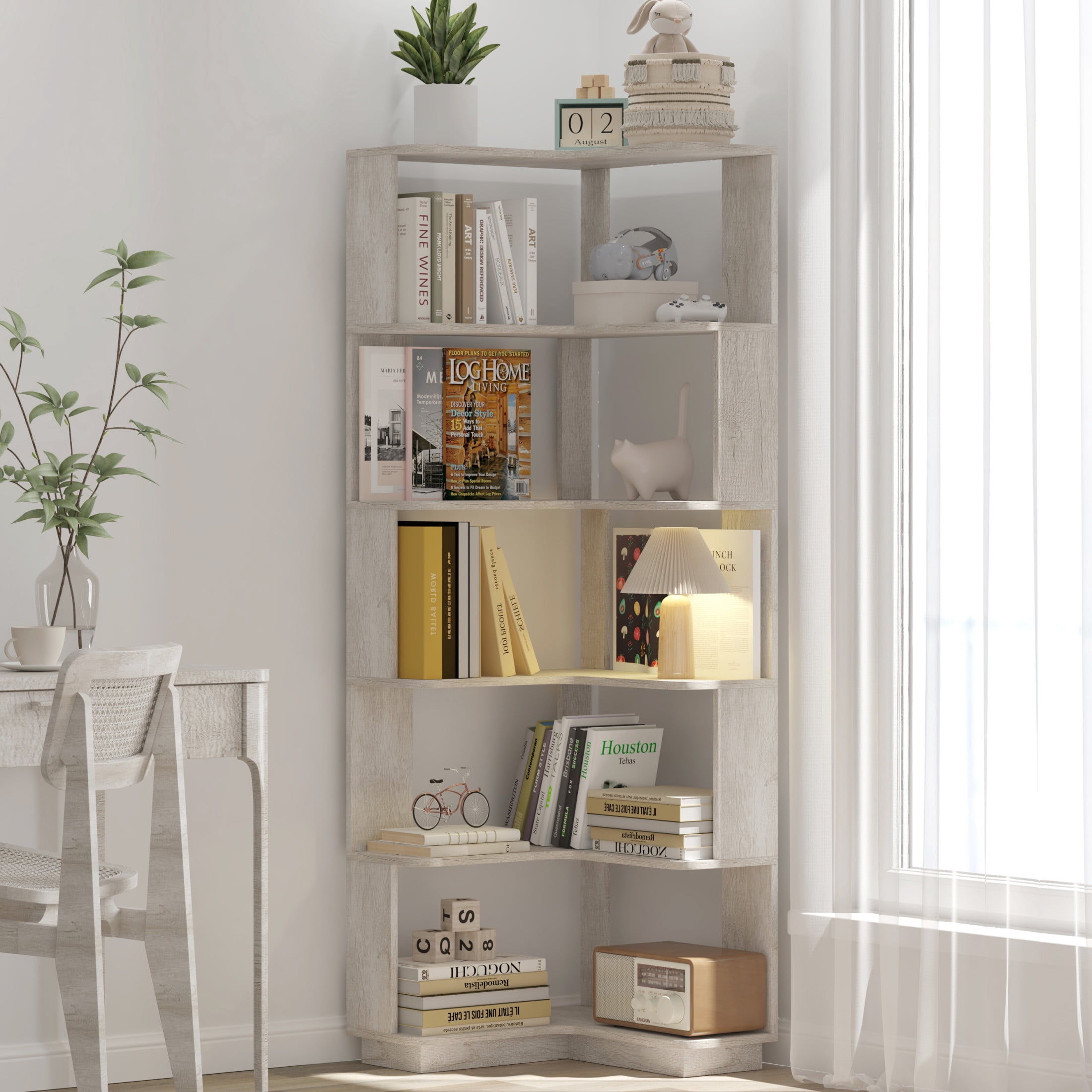 Noble House Vayen 65" L-Shaped Corner Bookshelf, 6-Tier Anti-Drop Wooden Bookcase, Open Storage Rack, Light Gray