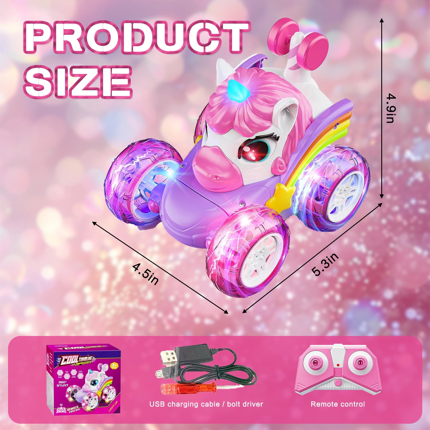 Sunforu Pink Unicorn RC Car for Girl, 360° Stunt Rotation 4WD Remote Control Cars with Lights and Music, Birthday Gift for 3 4 5 6 Years Old Girl