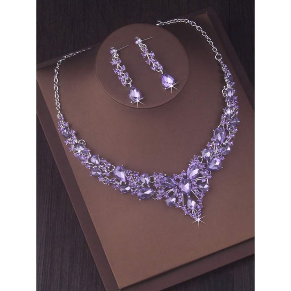 Purple Crystal Floral Necklace And Earring Set For Women, Silvertone Bridal Jewelry Ensemble