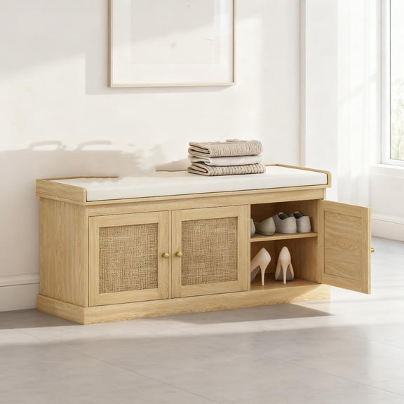 Dtwnek Shoe Storage Bench with 3 Doors, Cream White