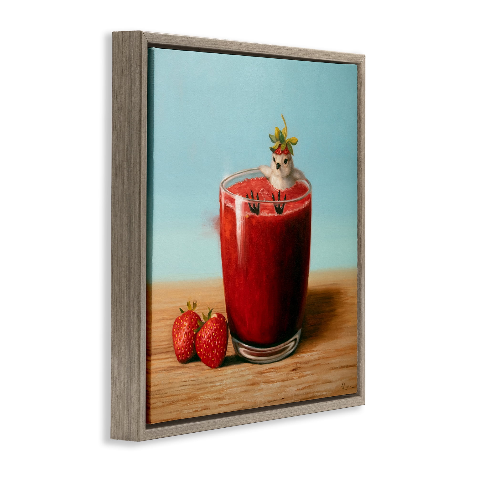 Stupell Industries Bird in Strawberry Drink Food & Beverage Painting Brown Floater Framed Canvas Art Print Wall Art, 18 x 18