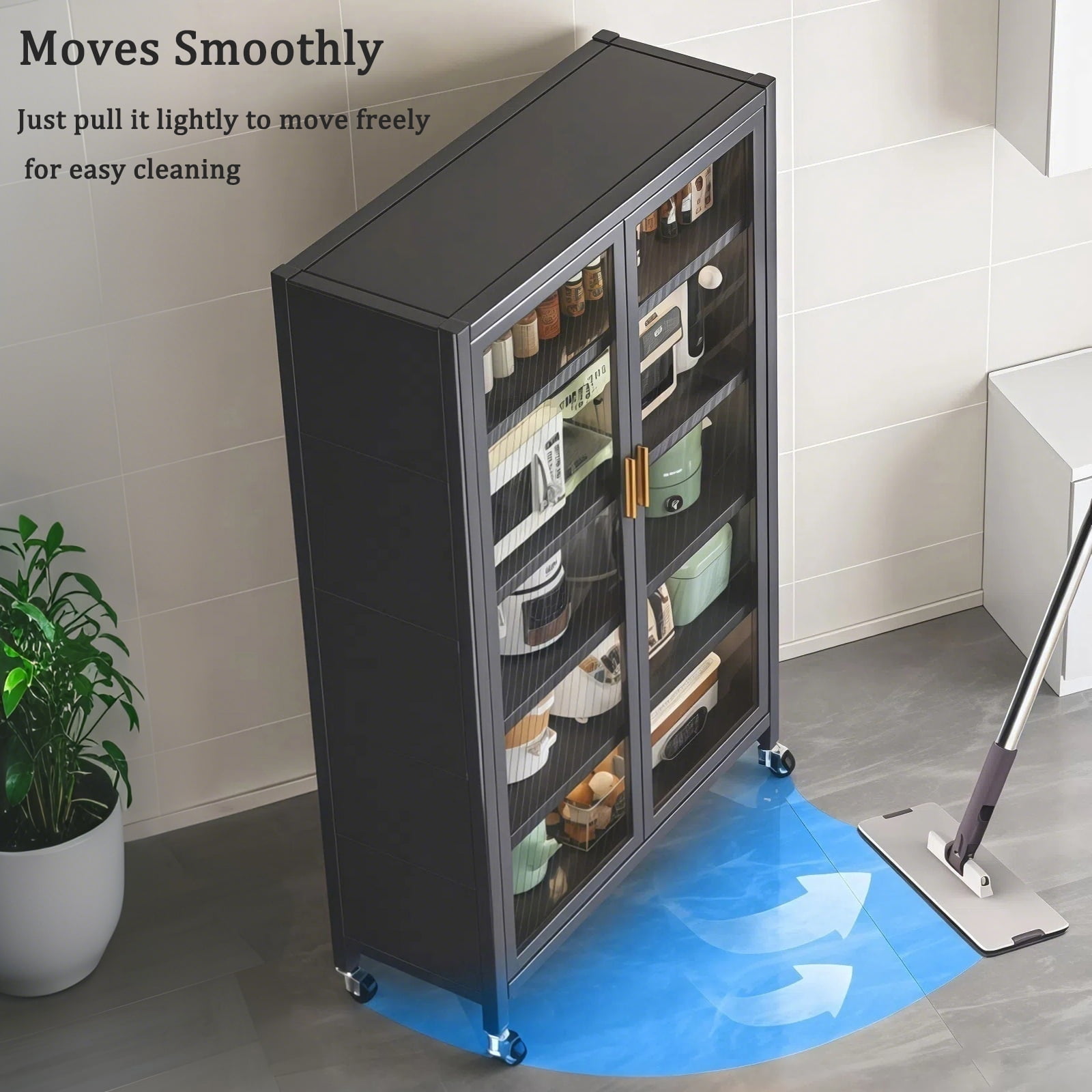 65" Kitchen Pantry Cabinet, 5 Tier Metal Display Storage Cabinet with Transparent Door, Adjustable Shelves & Wheels, Food Pantries Cabinets, for Kitchen, Living Room and Dining Room