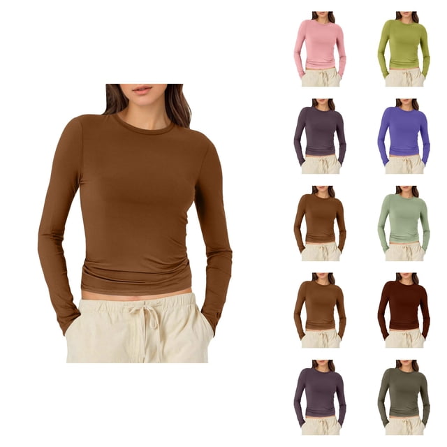 Chemises à Manches Longues pour Femmes 2026 Printemps Tendance Y2k T-Shirt Court Col Rond Ajusté