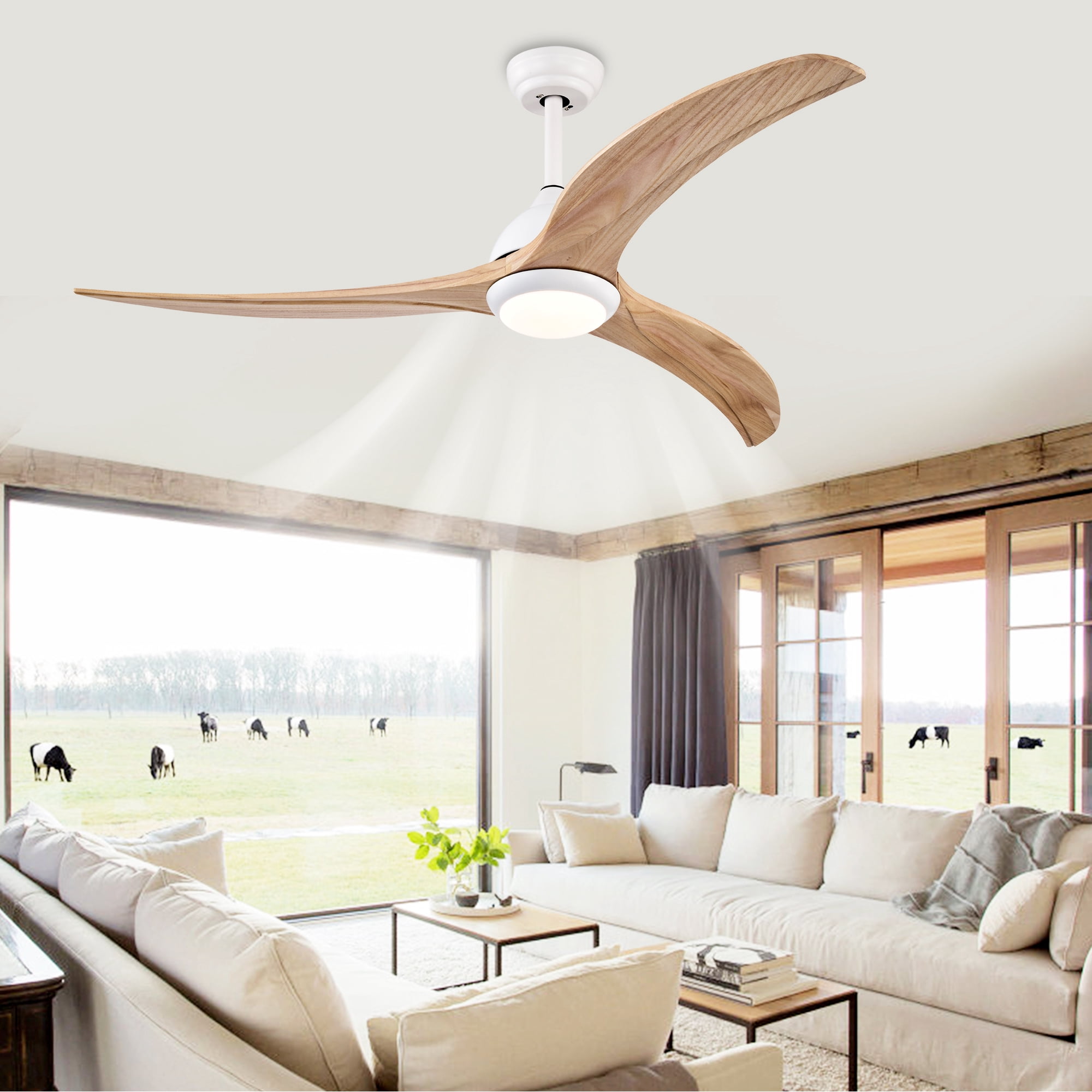 Ceiling Fan with Light, 52 Inch Reversible Noiseless Fan for Home Indoor Living Bedroom, Matte White Natural Wood