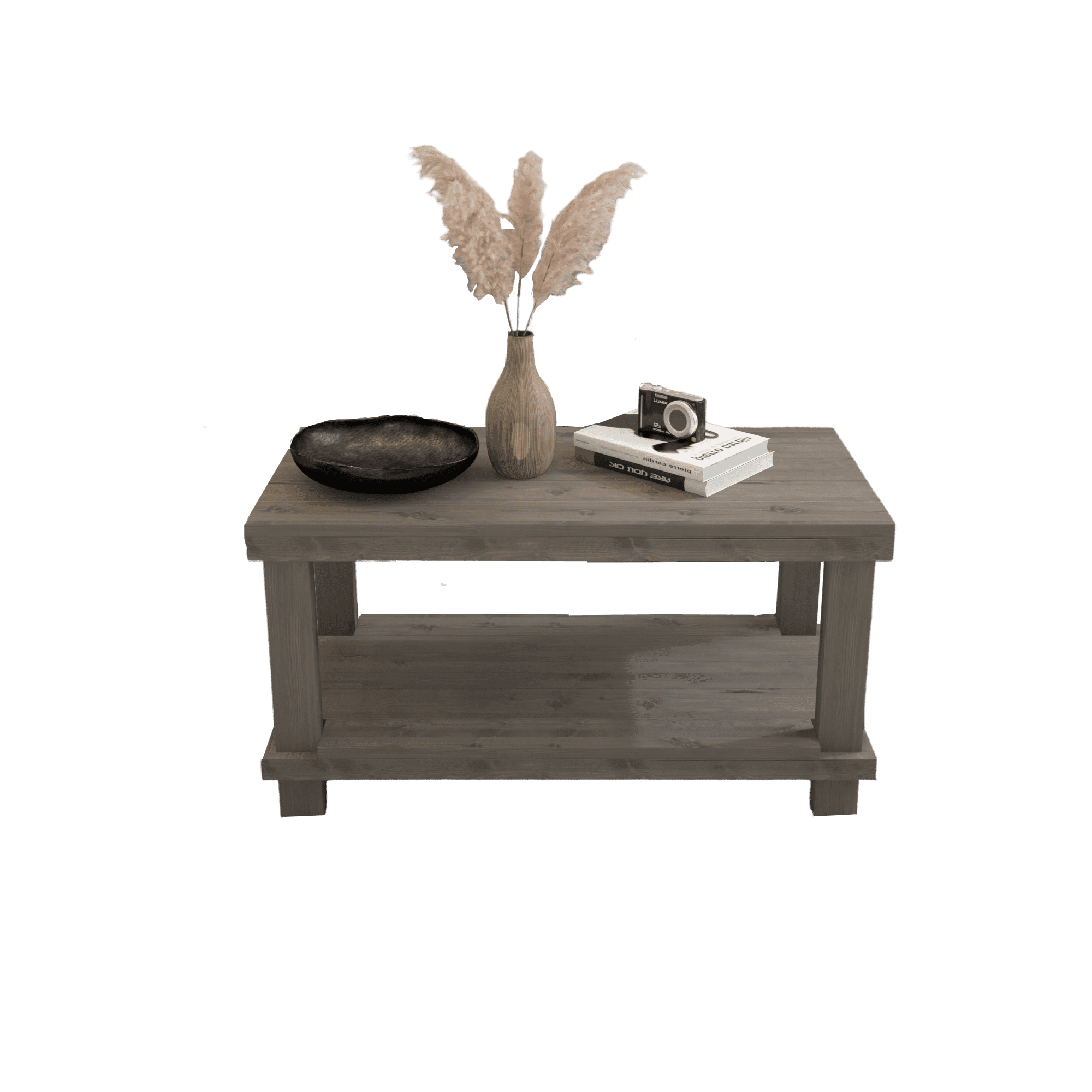 Rustic Luxe Pine Wood Coffee Table with Shelf, Gray