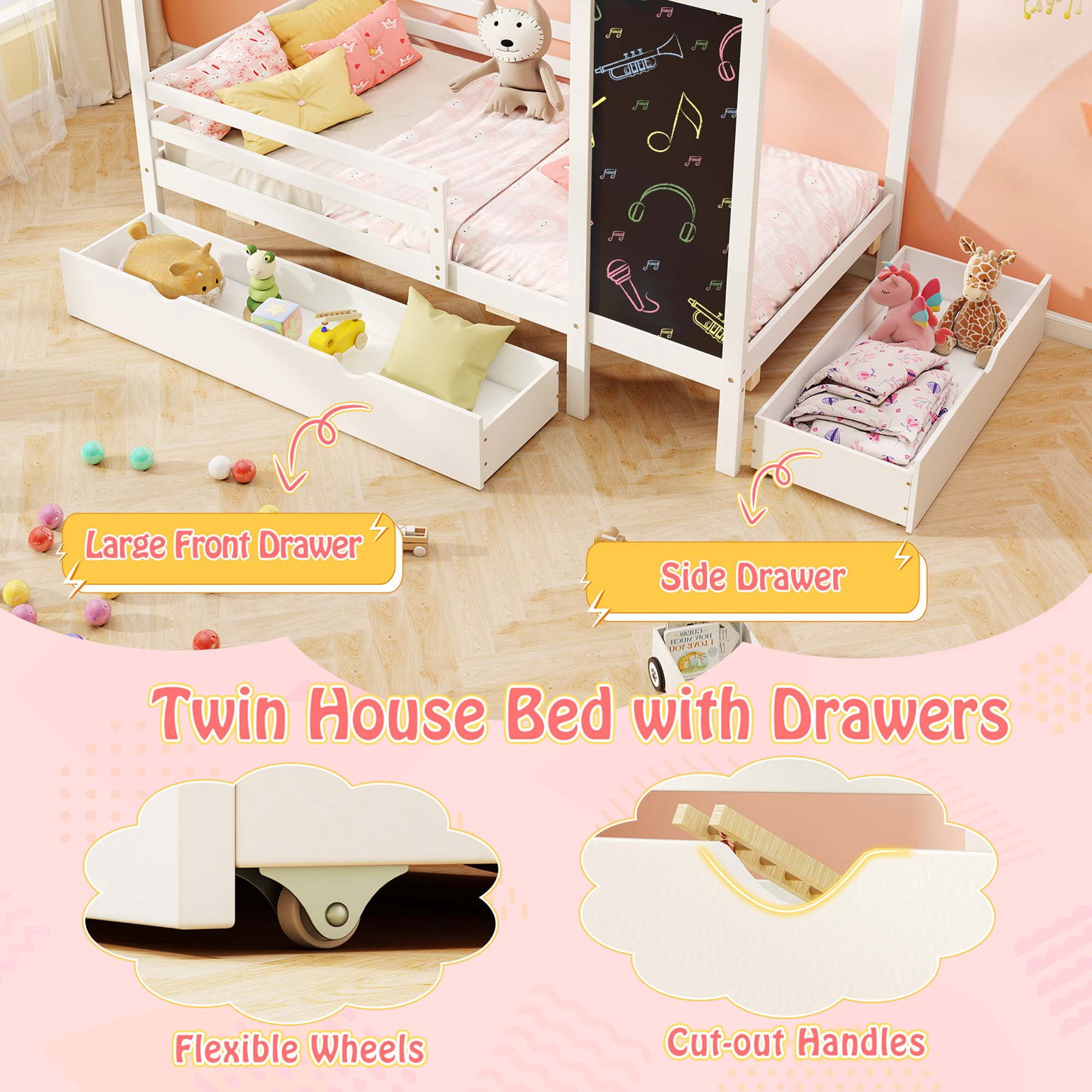 Costway Twin House Bed with 2 Storage Drawers Solid Wood Platform Bed with Blackboard White