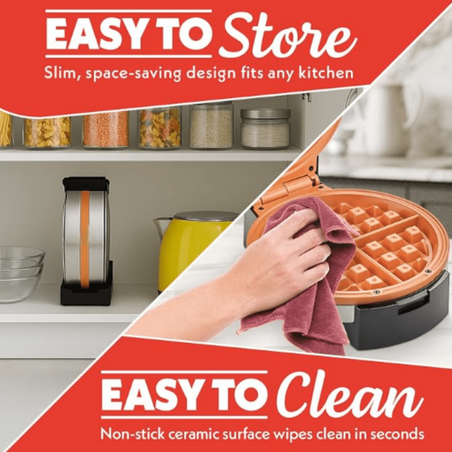 Belgian Waffle Maker – Compact Design with Upright Storage, Adjustable Browning, and Easy-Clean Nonstick Ceramic Plates, Stainless Steel
