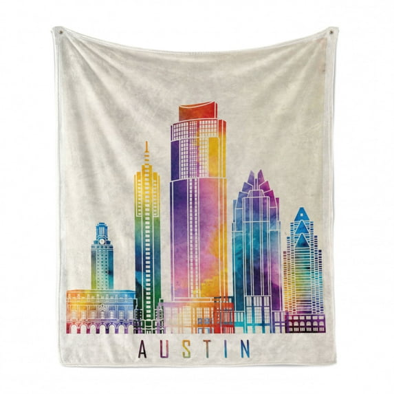 Austin Soft Flannel Fleece Throw Blanket, Outlined Monuments Skylines of Texas Blended Rainbow Watercolor Ink Splatter Art, Cozy Plush for Indoor and Outdoor Use, 50" x 70", Multicolor, by Ambesonne