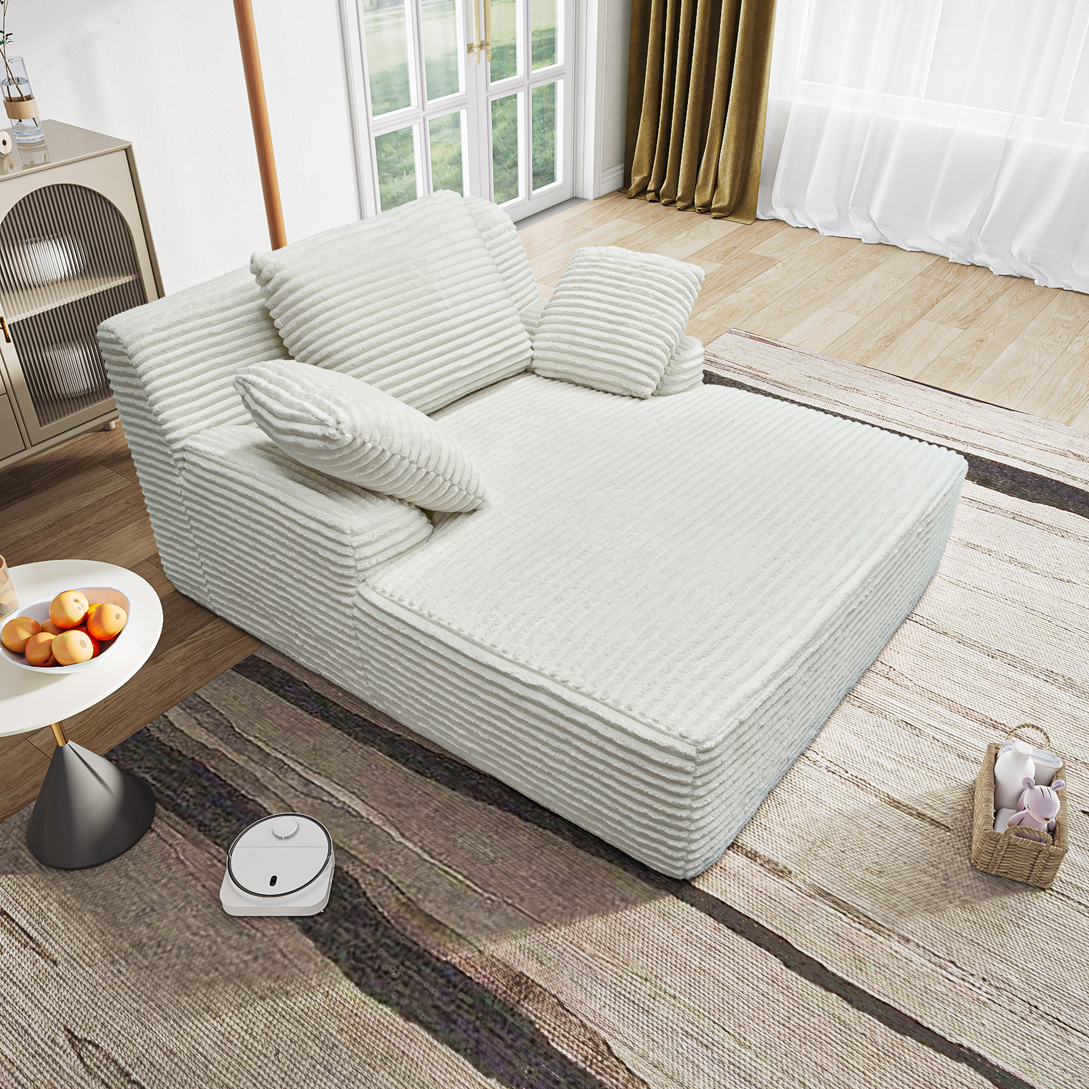 Noble House Salem 51" Oversized Chaise Lounge Chair, Plush Corduroy Sleeper Couch, Reading Chair for Living Room, White