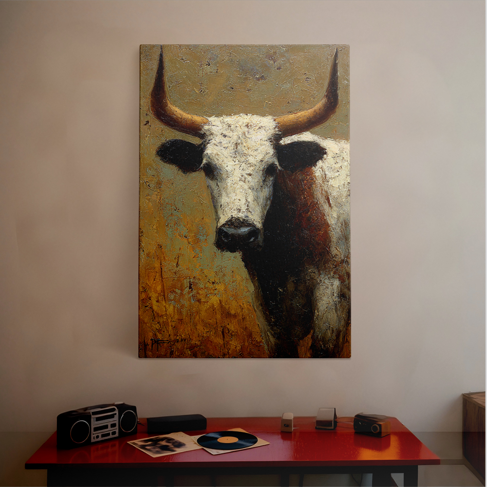 1pc Western - style Long - horned Cow Canvas Painting, framed Decor room hanging Wall Picture Decor for Home Gifts, living room, bathroom, bedroom, kitchen wall art decor canvas wall art
