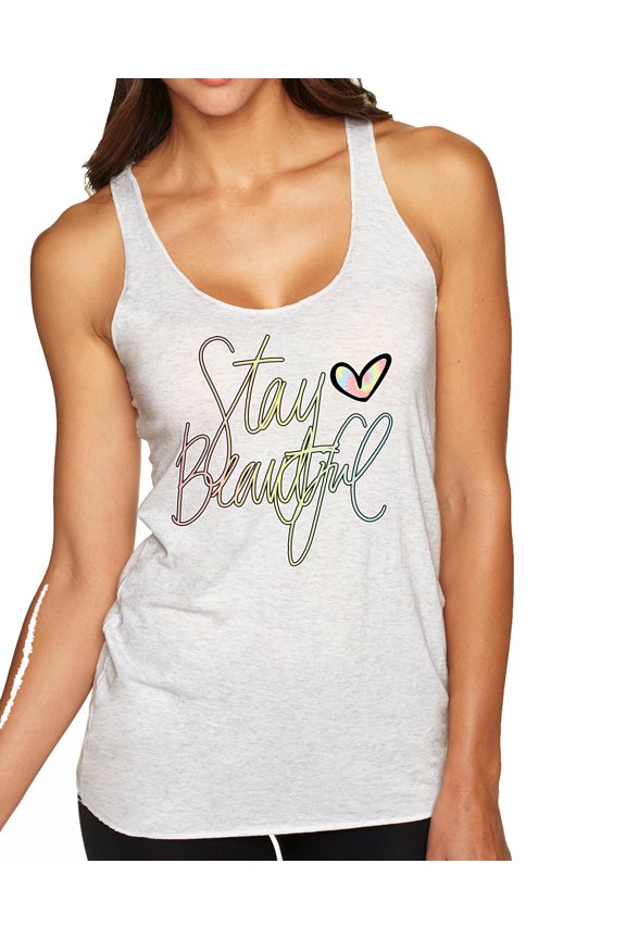 , Stay Beautiful Positivity Quote Saying Pop Culture Tri-Blend Racerback Tank Top, Heather White, Large