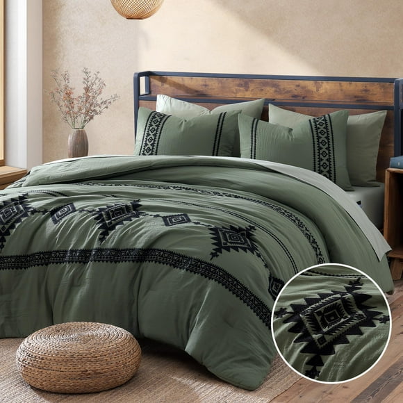 Set de edredón MaiRêve con bordado en verde oliva, tamaño queen, 7 piezas