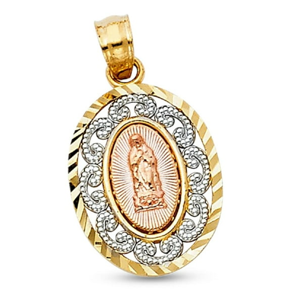 Solid 14k Tri Tone Gold Diamond Cut Virgin Mary Pendant Religious Genuine Guadalupe Charm Christian Design 18 mm x 12 mm