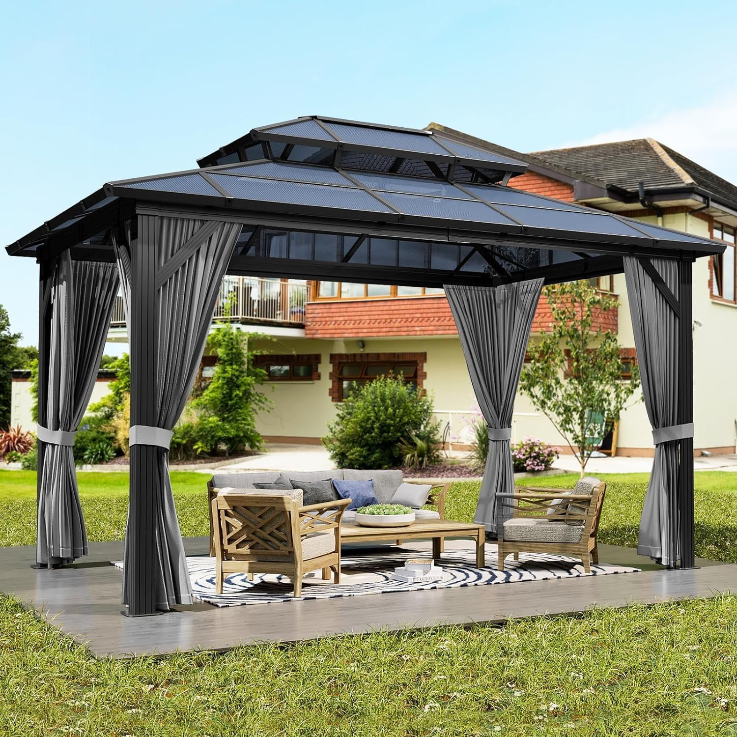 Soonbuy 12'x10' Aluminum Permanent Hardtop Gazebo with Double Roof, Includes Removable Curtains & Mosquito Netting for Patio, Garden, and Backyard Use(ship in 2 boxes)