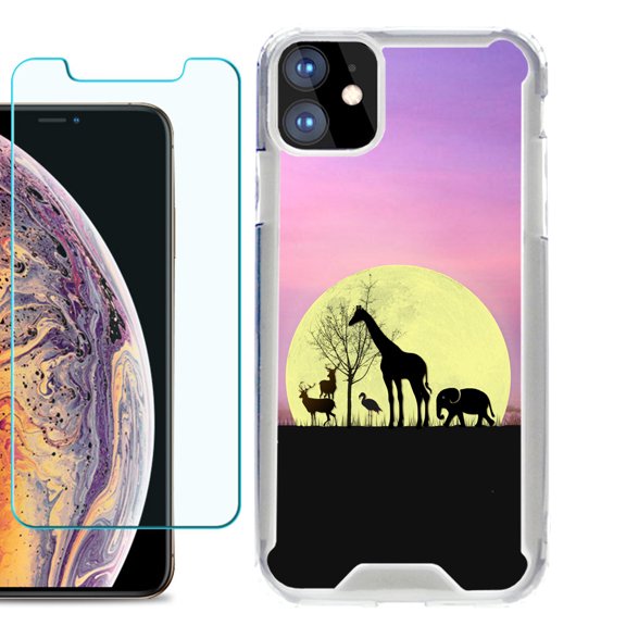 For Apple iPhone 11 Case, Hybrid Bumper Phone Case, with Tempered Glass Screen Protector, by OneToughShield ® - Moonlight Safari