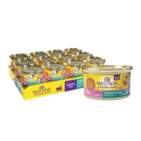 Wellness Complete Health Pate Kitten Canned Wet Cat Food, Natural, Protein Rich, Grain Free, Whitefish and Tuna Entrée Recipe, 3 oz, Pack of 24 Cans