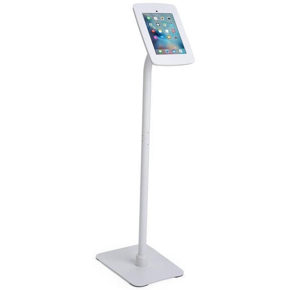 Displays2go White Retail Stand for iPad, Steel & ABS Plastic, Rotating & Tilting, Covered Home Button, White (TABFLWH)