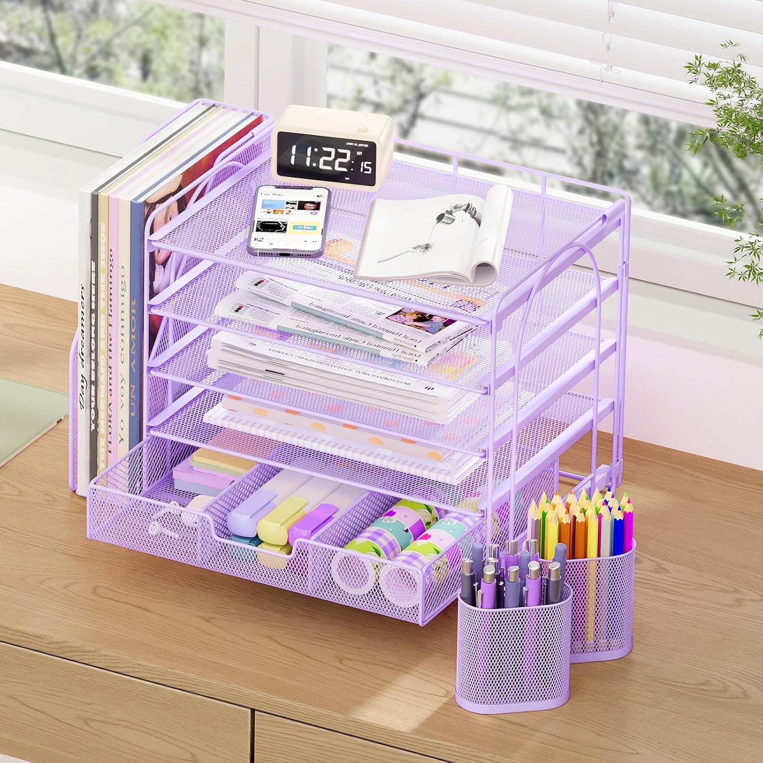 ThrottleT-Desk Organizers and Accessories with File Holder, 5-Tier Office Desk Accessories & Workspace Desktop Organizer with Drawer and 2 Pen Holder, File Paper Organizer for Office Supplies(Purple)