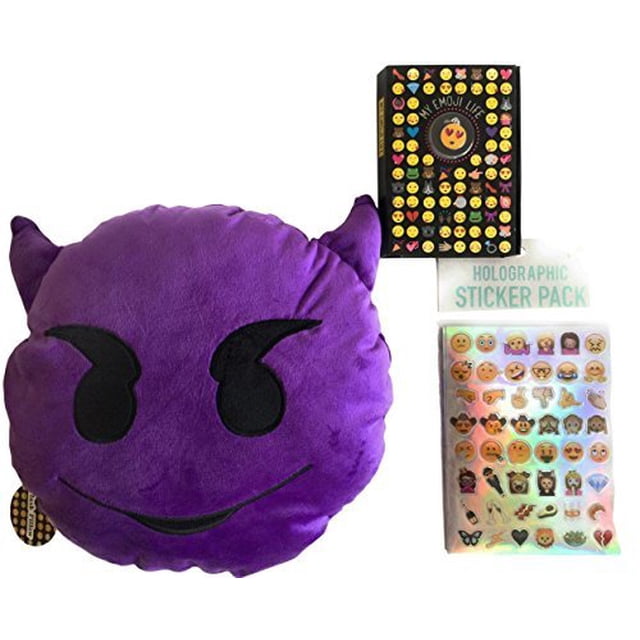 Emoji Fun Bundle - Peluche con cara sonriente de diablo morado con almohada de cuernos, Cuaderno de actividades de My Emoji Life, Surtido de pegatinas con hologramas - Paquete de 3 piezas Groovy Catch Bundles 728653662597