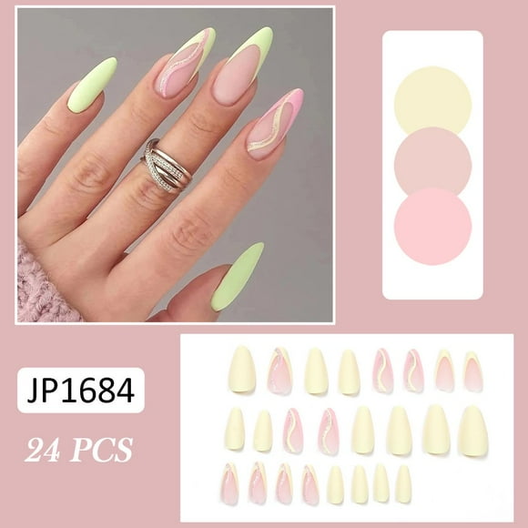 24Pcs Frosted False Nails Fresh Yellow-Pink Line Fake Nails for Women and Girls Glue