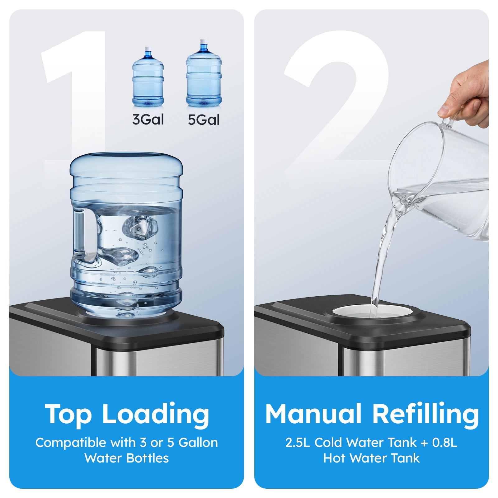 Joreek 3-in-1 Water Dispenser with Ice Maker, Cold & Hot Water Dispenser with Countertop Ice Maker, Loading 3 or 5 Gallon Bottle for Home/Kitchen/Office