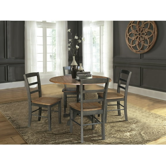 42" Solid Wood Dual Drop Leaf Pedestal Dining Table with 4 Madrid Ladder Back Chairs in Hickory/Washed Coal by International Concepts