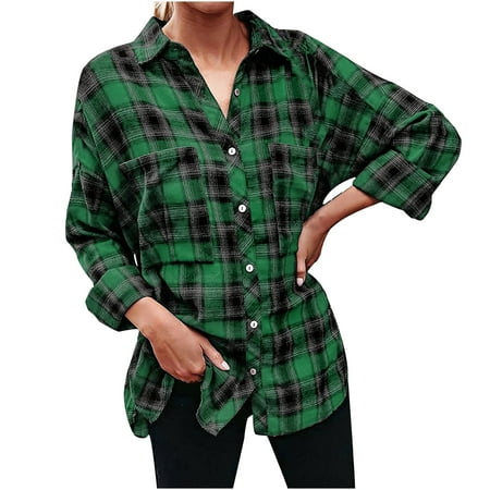 

Women s Casual Plaid Shirt Long Sleeve Color Block Button Down Sweatshirt Lapel Loose fit Lightweight Coat